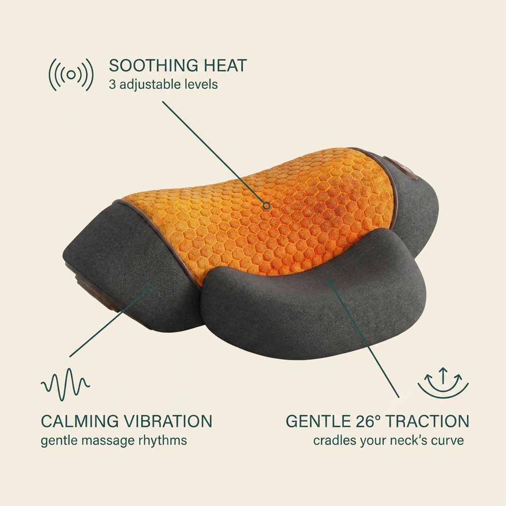 Soothing heat, calming vibration and gentle 26° traction — the 3-in-1 comfort system