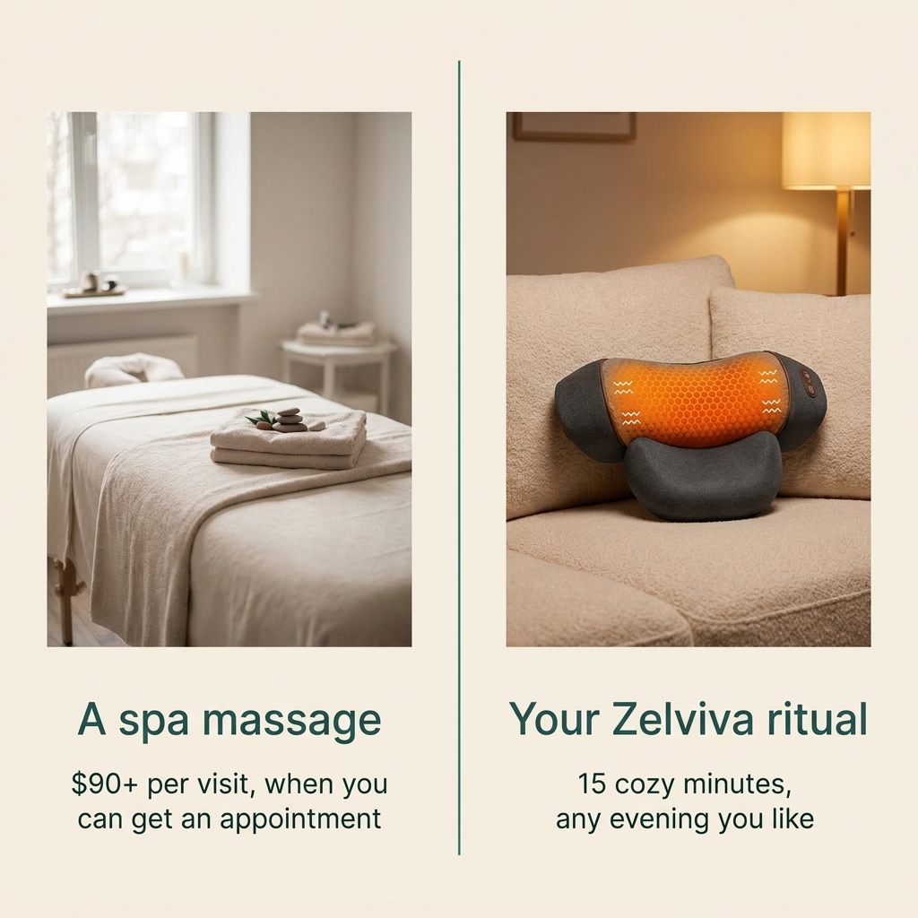 A spa massage vs your Zelviva ritual — 15 cozy minutes any evening